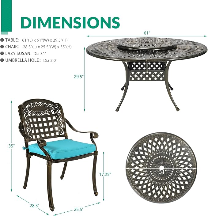 VIVIJASON 9-Piece Outdoor Furniture Dining Set, Rust-Free Cast Aluminum Patio Conversation Set, Include 8 Cushioned Chairs & 61" Round Dining Table with 31" Lazy Susan, Umbrella Hole, Ocean Blue