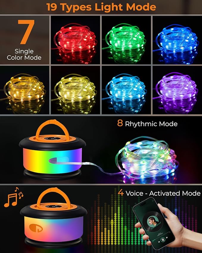 2-Pack Camping String Lights, Retractable 4 in 1 Camp Lights | 32.8FT Rechargeable Fairy Lamp Outdoor Waterproof, RGB Portable Hanging Lantern for Outside Tent Patio Awning RV Essentials