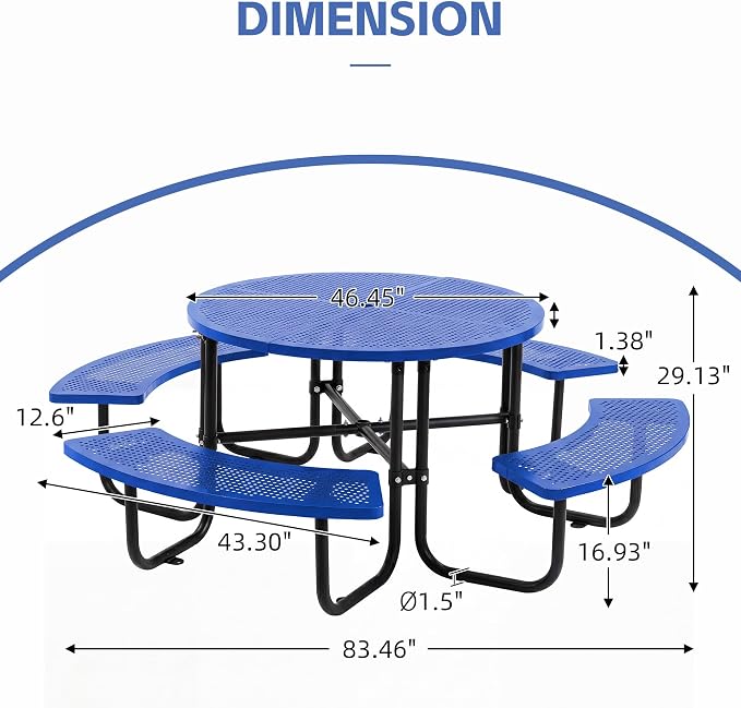 46" Outdoor Round Perforated Picnic Table Metal Camping Table with Umbrella Hole - Heavy Duty Steel Mesh Picnic Bench Set for Backyard Garden Deck, Blue