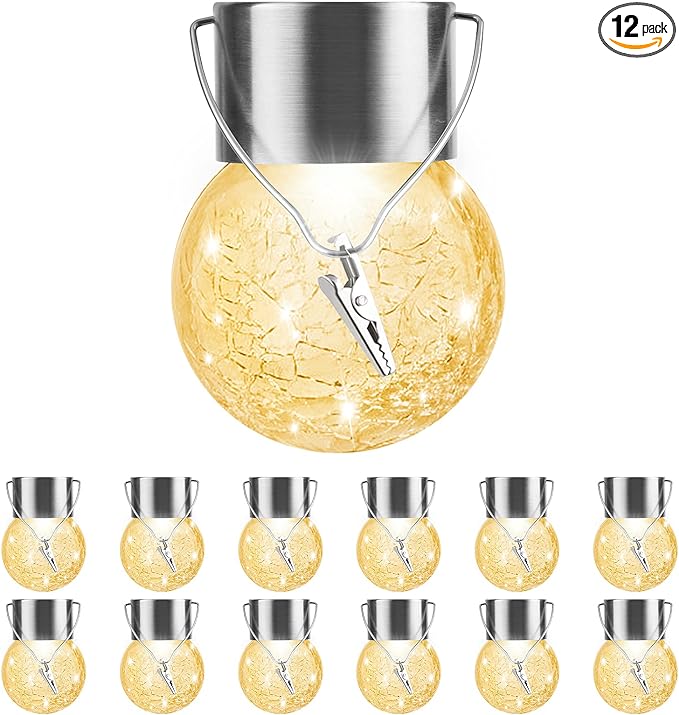 Solar Outdoor Lights Decorative 12 Pack, Hanging Solar Garden Lights Waterproof, Solar Powered Globe Cracked Glass Ball Lantern for Yard Patio Fence Tree Umbrella Holiday Decoration, Warm White