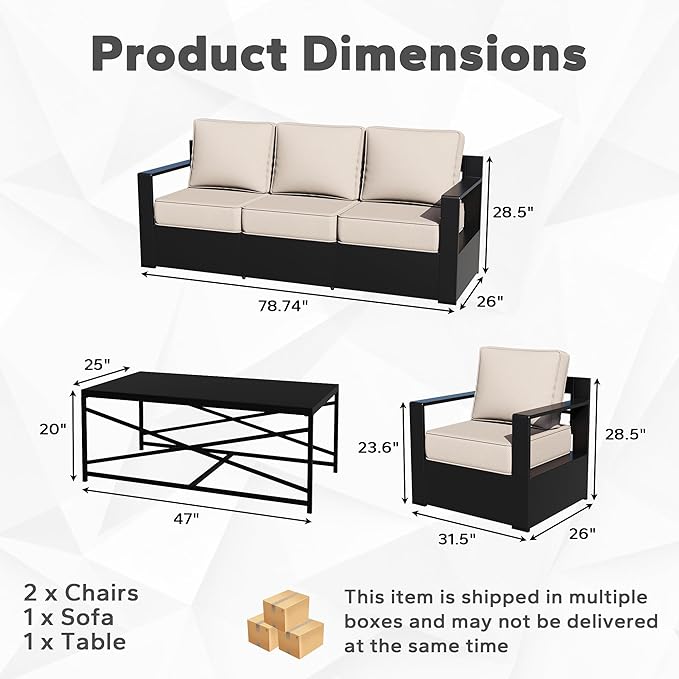 Outdoor Aluminum Furniture Set, 4-Piece Patio Conversation Set, 2 Chairs, 1 Sofa and 1 Table, All-Weather Metal Frame, 6" Thick Removable Cushions, Deep Setting for Garden, Poolside and Porch