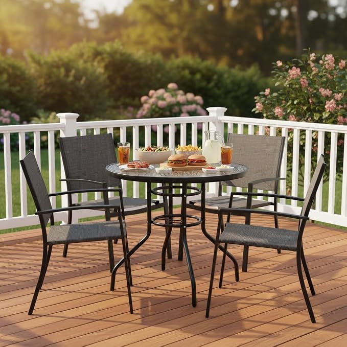 Tangkula 32-Inch Round Patio Dining Table with Tempered Glass Top, Metal Frame Outdoor Bistro Table with Umbrella Hole, Outside Table for Garden Poolside Balcony Yard