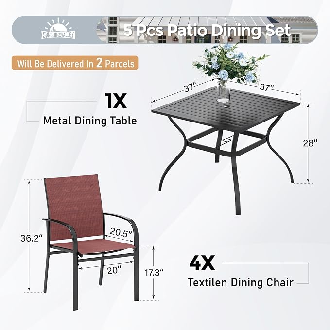 SUNSHINE VALLEY 5 Piece Patio Dining Set for 4, 37”Square Table with Umbrella Hole, 4 x Metal Red Chairs, Outdoor Table and Chairs for Lawn and Deck
