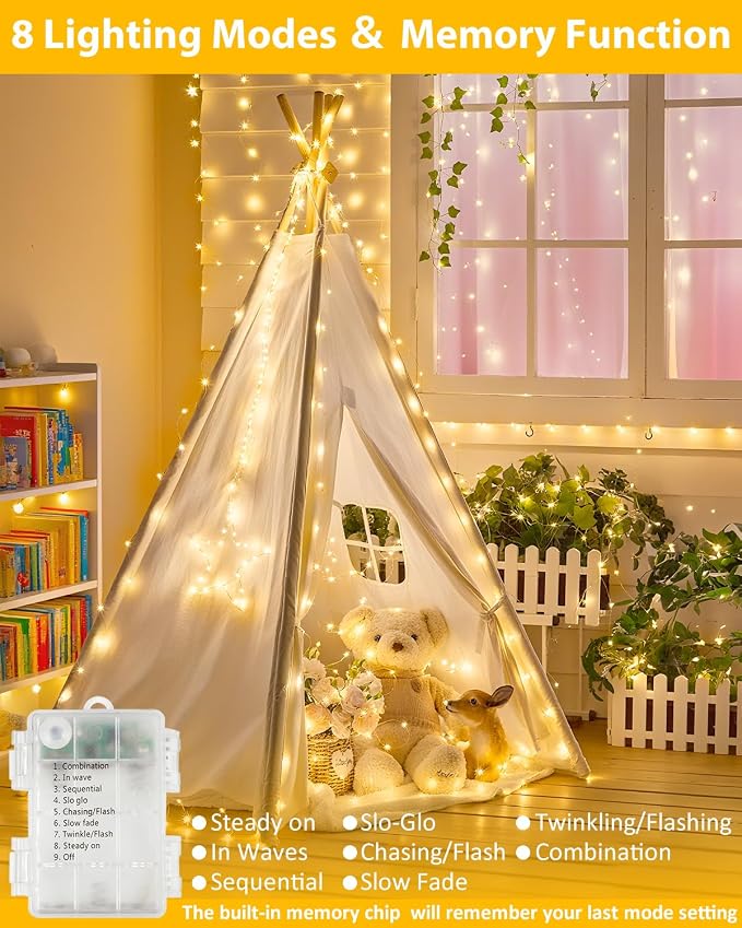 2 Pack 100 LED Fairy Lights Battery Operated with Remote, 33 FT Warm White | Cuttable, 8 Modes, Memory, Dimmable, Waterproof Battery String Lights with Timer for Indoor Outdoor, Christmas Decorations
