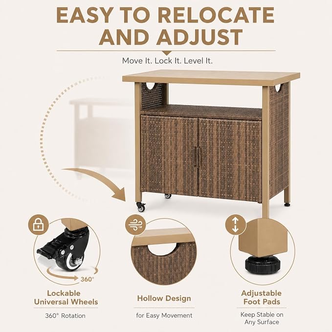 Outdoor Bar Table with Storage Cabinet, Patio Serving Cart with Wheels, Wicker Bar Cart and Grill Cart Prep Station, Rolling Kitchen Island for Patio, Backyard, Poolside, Outdoor Use, Beige