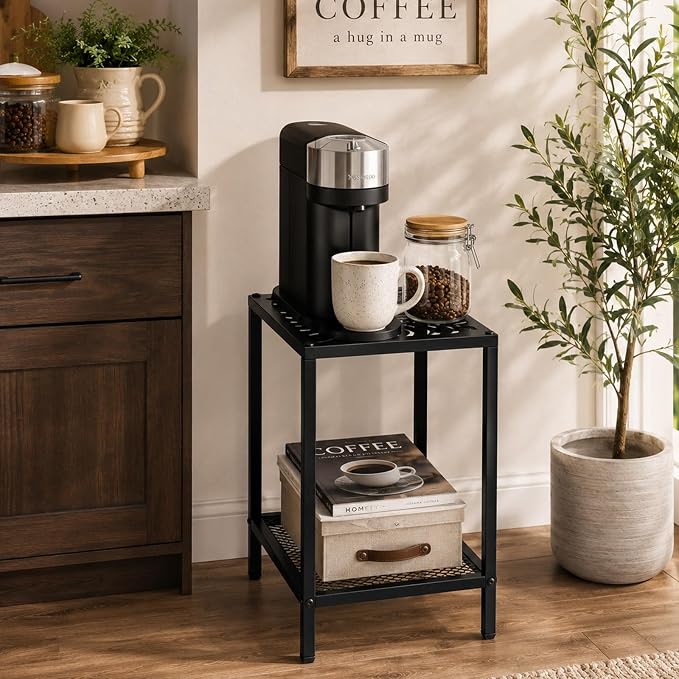 2-Tier Metal Side Table Square Small End Table with Storage Shelf Laser-Cut Leaf Pattern Accent Table Indoor Outdoor Small Space Coffee Table for Living Room, Bedroom, Patio, Plant Stand, Black