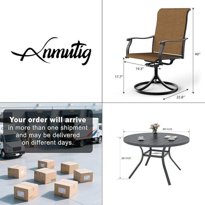 Outdoor Patio 48" Round Table and Brown Swivel Chairs Dining Set 5 Style1 | 4 Piece Swivel Chairs: High Back, Retro Armrest, Textilene Fabric, Rocking; 48 inch Metal Round Table, All Weather
