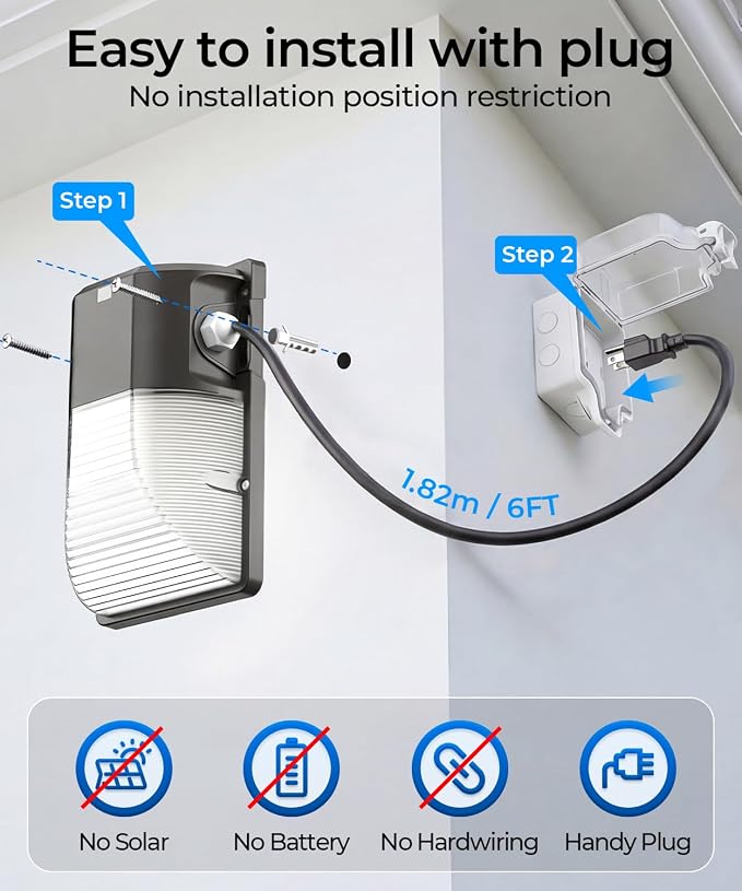 CINOTON 30W LED Wall Pack Light, 6Ft US-Plug, Dusk to Dawn Sensor, 2 Pack | 120Vac, IP65 Waterproof, 6Ft US-Plug, 3600LM, Hardwired Installation, UL Listed, Garage and Porch Security Use