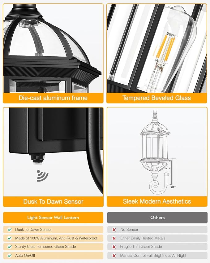 VIANIS 22" Large Porch Lights Outdoor, Black Dusk to Dawn Outdoor Lighting, Anti-Rust Exterior Lighting fixtures with Tempered Beveled Glass, Outdoor Lights for House, Patio, Two Mounting Options
