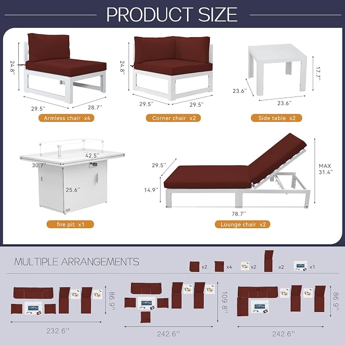 BULEXYARD 8 Person Modern Aluminum Outdoor Patio Furniture Set with Chaise & Firepit Table, 29 inch Wide Deep Seat, All Weather Modular Sectional Couch, Oversized Conversation Set for Garden Deck, Red