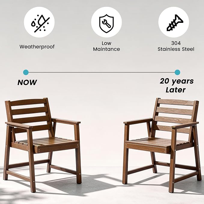 LOUNZY 7 Piece Patio Dining Set for 6, Outdoor Table and Chairs,Brown | 75.2” table,6 seat patio dining set, HDPE wood-look, fade resistant and waterproof, low maintenance outdoor furniture