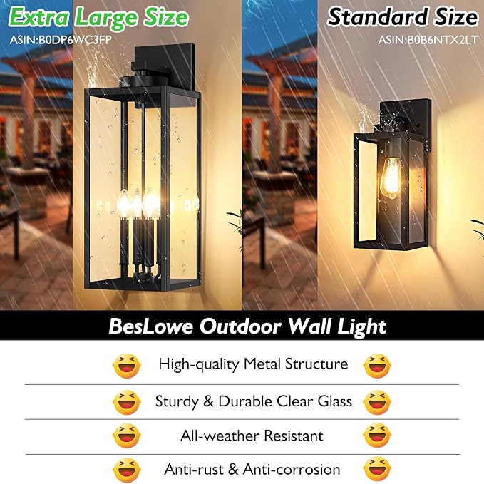 23.9" Extra Large Size Outdoor Wall Light Fixture, Exterior Lighting Fixture Porch Sconce Wall Mounted, Waterproof Outdoor Wall Lantern, Outside Light for House Patio Front Door Garage, Black | Waterproof Metal Construction, Rust-resistant, Quick & Eas...