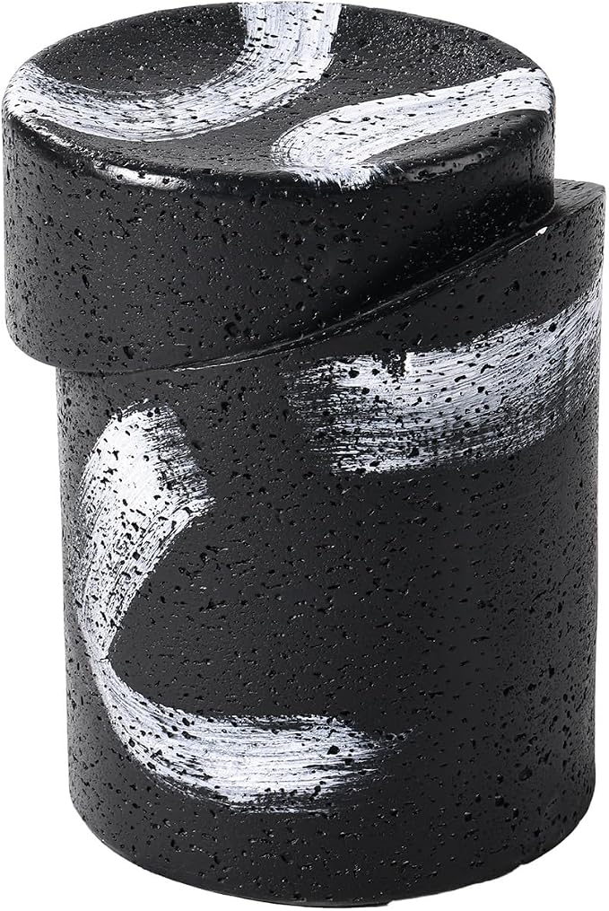 COSIEST Outdoor Side Table Black, Cylinder Shaped MgO Concrete Side Table, Lightweight Accent Table w Scrawl Patio End Table, Round Plant Stand for Garden and Deck