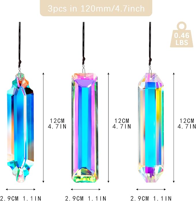 YU FENG 3 Pack Crystal Suncatcher Prism, Window Hanging Rainbow Maker | 5'' Rectangle AB Colored Crystal Stick Prisms, Garden Hanging Ornament, Sun Catcher Decor, Christmas Tree Decoration