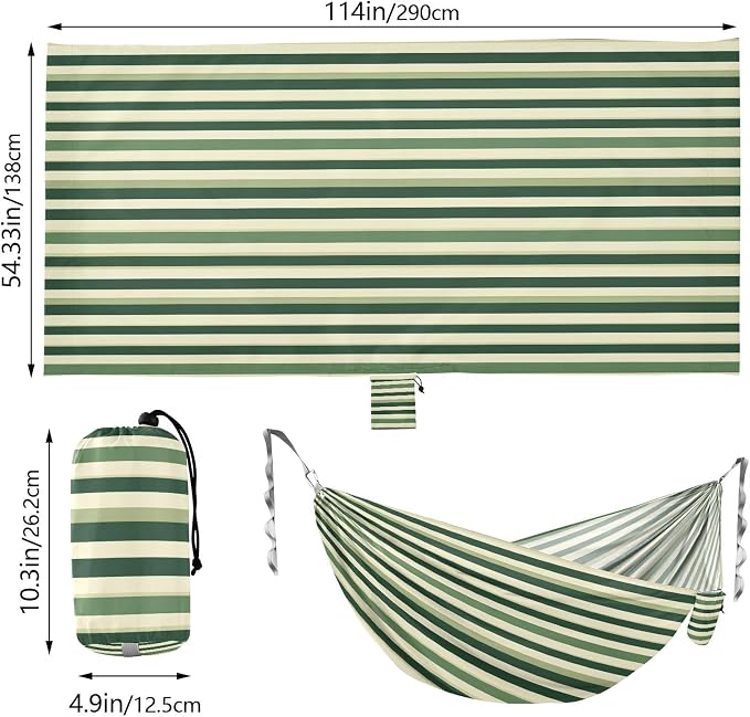 Camping Hammock Outdoor Hammocks for Outside Stripe Green Cream Beach Trees Portable Lightweight with Pockets Tree Straps Indoor