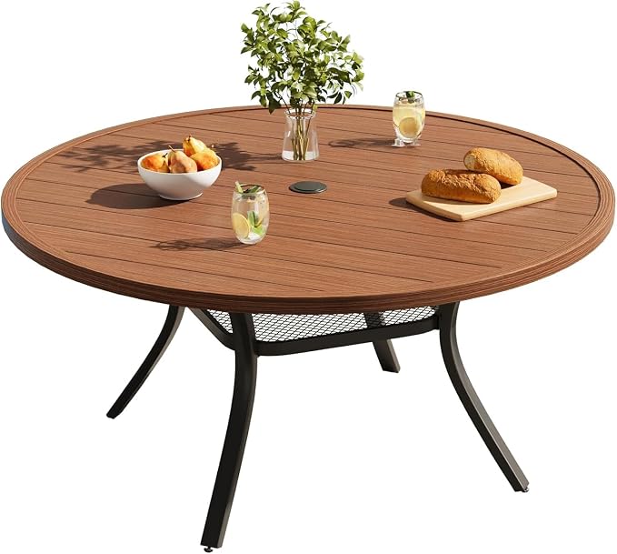 VICLLAX Round Patio Dining Table for 4-6, Outdoor Metal Dining Table with Umbrella Hole for Deck Lawn Garden Backyard, 47.2" Walnut