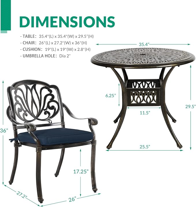 VIVIJASON 5-Piece Outdoor Patio Dining Set, All-Weather Cast Aluminum Conversation Set, Patio Furniture Set Include 4 Cushioned Chairs, a 35.4 inch Round Table w/Umbrella Hole, Navy Blue Cushion
