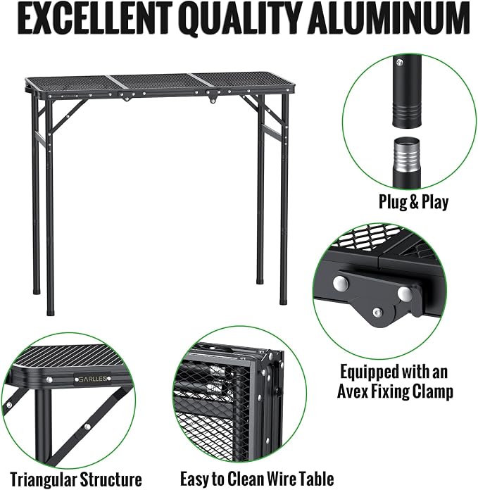 GARLLEN Folding Grill Table, 3-Height Adjustable Lightweight Grill Table with Heat-Resistant Tabletop, Portable Aluminum Camping Table for BBQ, Picnic, Cooking, 35.4" L x 15.7" W, Threaded Install