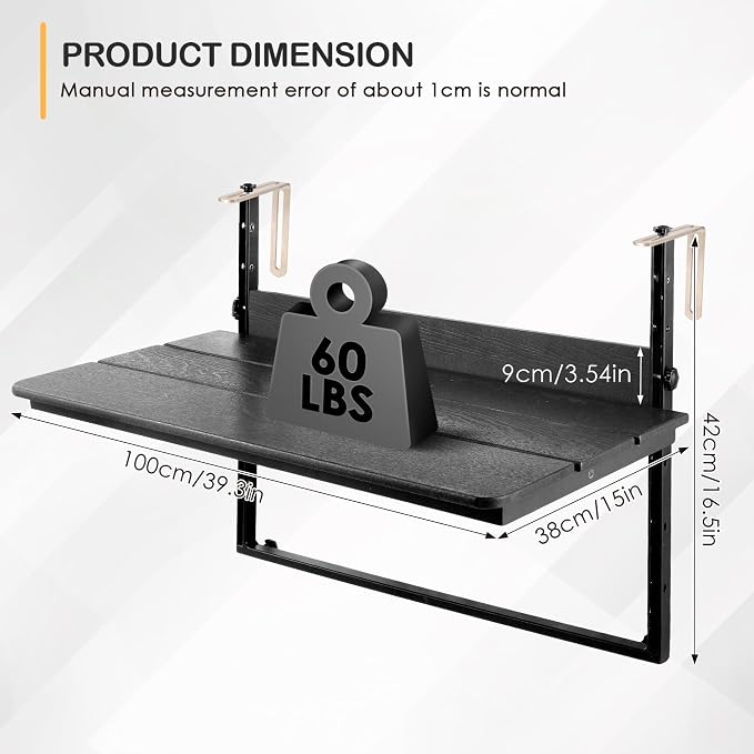 Balcony Railing Hanging Table Outdoor Folding Balcony Bar Table for Railings Patio Side Table with Adjustable Height for Deck, Patio,39.3"(L) x 15.0"(W), Black