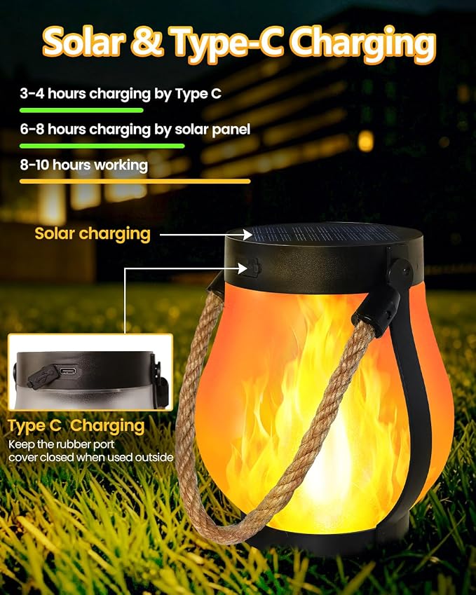 2 Pack Solar Lanterns Outdoor Waterproof, Solar Flame Lanterns with 2 Modes | Ultra-Real Flame, USB/Solar Charging, IP65 Waterproof, Hanging/Table Solar Lights Outdoor for Tree Garden Porch Yard Patio