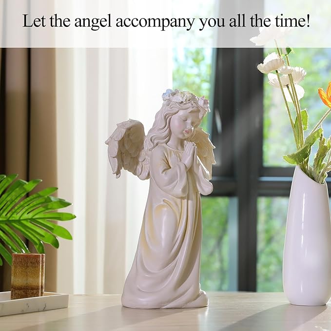 Angel Garden Statue, Memory Guardian Solar Decor with Warm Light | Waterproof Outdoor Garden Decor Praying Angel Figurine Sculpture for Lawn Yard Patio, Sympathy Present, White