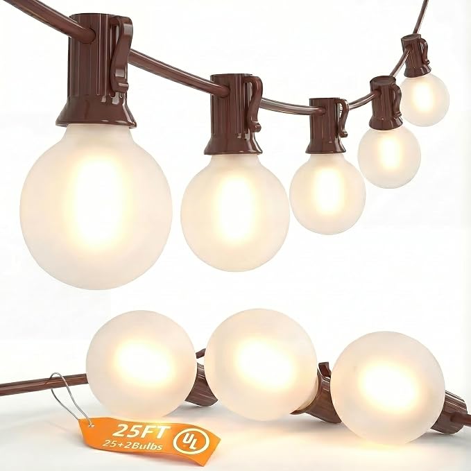 25FT Brown Outdoor String Lights, Shatterproof LED Globe String Lights with 25 G40 LED Frosted White Bulbs, Waterproof Connectable Hanging Light for Backyard Patio Porch Balcony Party Decor, E12 Base