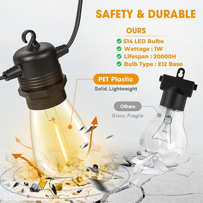GvvooHome 200FT(50FT*4) LED Outdoor String Lights Waterproof Patio Lights with 64 Shatterproof S14 Edison Bulbs(4 Spare), Dimmable Hanging Outdoor Light Connectable for Yard, Porch, 2700K Warm White