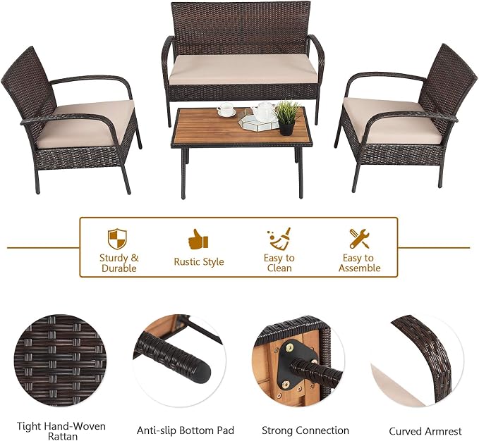 COSTWAY 4PCS Patio Rattan Furniture Set Outdoor Conversation Set Coffee Table w/Cushions