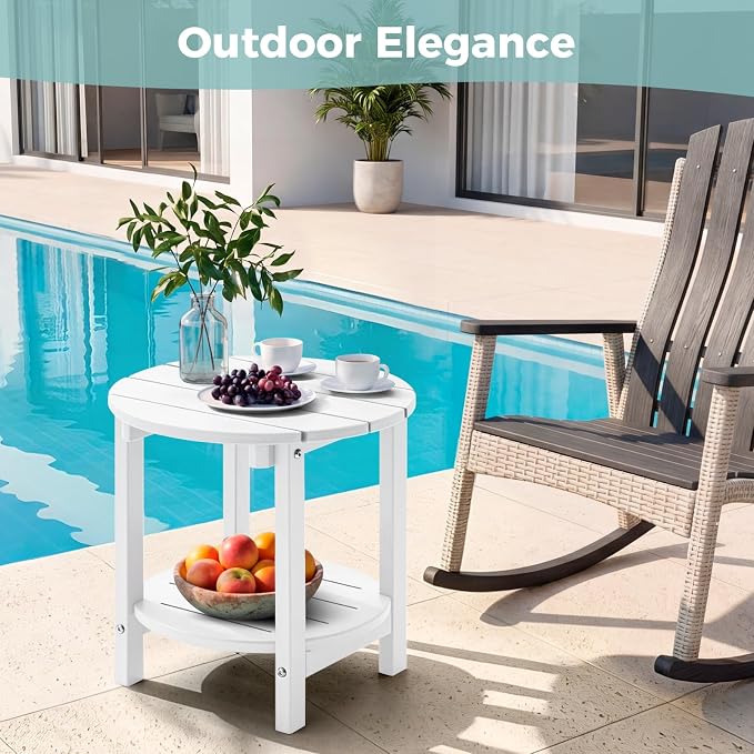 Outdoor Side Table, Adirondack Round 2-Tier Patio Table, Easy Maintenance & Weather Resistant, HDPE End Table for Backyard, Pool, Patio, Porch, White