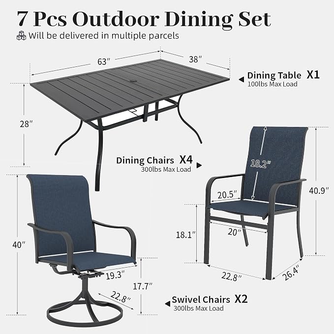 7pcs Patio Furniture Set, Outdoor Dining Table and Chairs Set | 63" Rectangle Metal Patio Table, 4pcs Textilene Dining Chairs, 2pcs Swivel Textilene Chairs, Double-sized Umbrella Hole