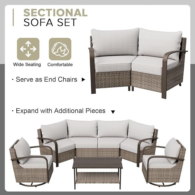 COOS BAY Aurora Terrace 4 Piece Outdoor Sectional Furniture Set, Half Moon Rattan Wicker Conversation Set with 4 Seat Sofa & Coffee Table for Patio Garden Yard, Beige/Beige