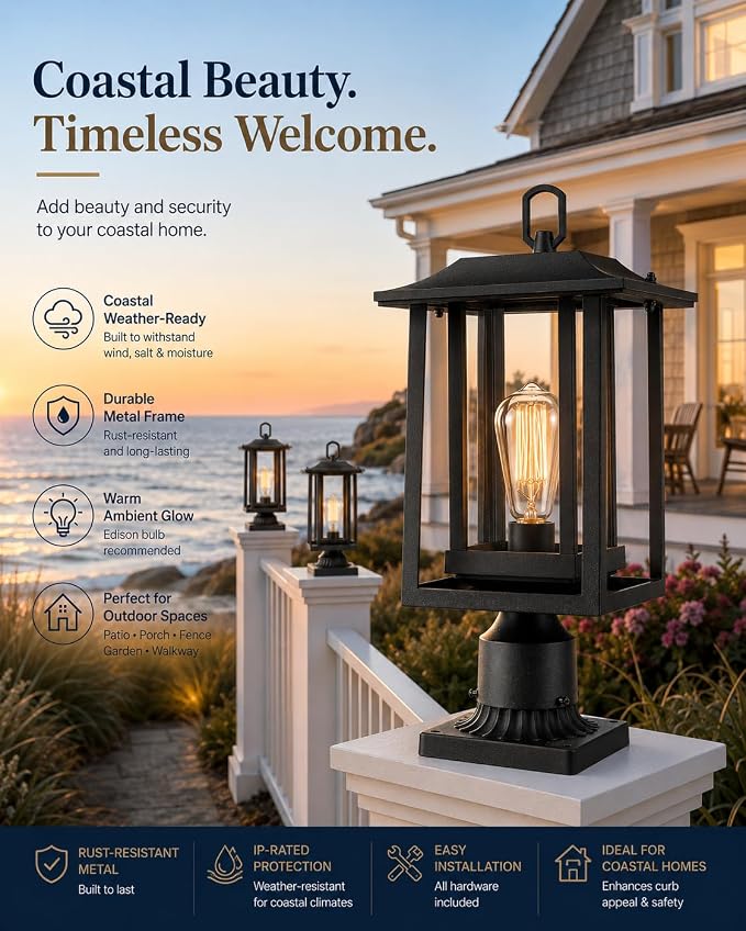 Beionxii Outdoor Post Light, Large Exterior Lamp Post Light Pier Mount Lantern with Base, Black Cast Aluminum w/Clear Glass (19" x 9") - A197P-1PK
