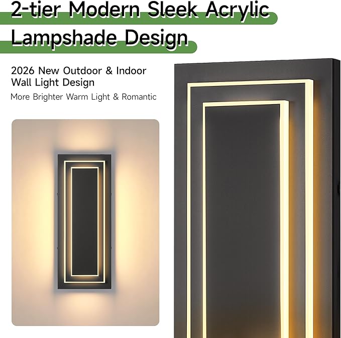 Outdoor Front Porch Light Fixtures,Outdoor Wall Sconce 15.7 in,24W | 2-Tier Black Modern LED Exterior Lights Outside Wall Lights For House,Garage, Patio,Waterproof ,3000K Warm White, 1 Pack