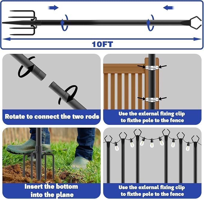 10 Pack 10 ft Heavy Duty Metal String Light Poles Adjustable Outdoor Lighting Stand for Patio,Backyard,Garden,Party & Wedding Rustproof & Sturdy with Hooks