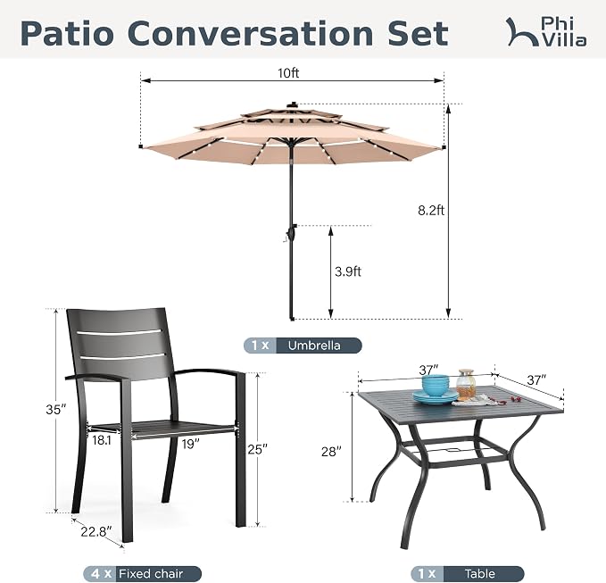 PHI VILLA 5 Pieces Outdoor Dining Set with Umbrella for 4 | 37" Square Metal Steel Table & Stacking Wrought Iron Chairs & 3-Tier Beige Umbrella, Outside Furniture Set