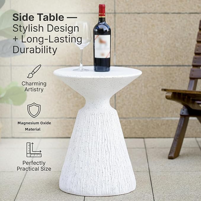 Modern Outdoor Side Table Round Concrete Side Tables with White Terrazzo-Speckled Decor,MGO Hourglass Patio End Table for Living Room Garden Balcony,Fully Assembled,White Marble
