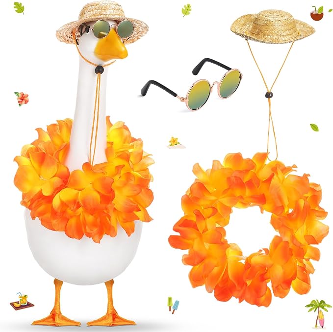 Shyyween Summer Porch Goose Outfits for Plastic Goose 23/17'' Hawaiian Lawn Patio Statue Clothes Straw Hat and Hawaiian Lei Costume(Tropical Orange)