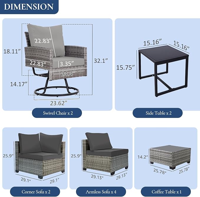 10-Piece Outdoor Patio Furniture Set with Swivel Chairs, Wicker Rattan Sectional Sofa Modular Conversation Couch with Cushions and Coffee Table for Garden Balcony Porch Lounge Areas