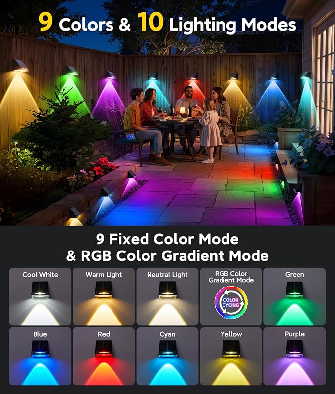 KOOPER Solar Fence Lights Outdoor Waterproof 20 Pack, Solar Fence Lights with Ultra-Bright LED Lens, 10 Modes & 9 Colors Outdoor Solar Lights for Fence, Backyard, Railing, Patio, Wall, Step, Deck