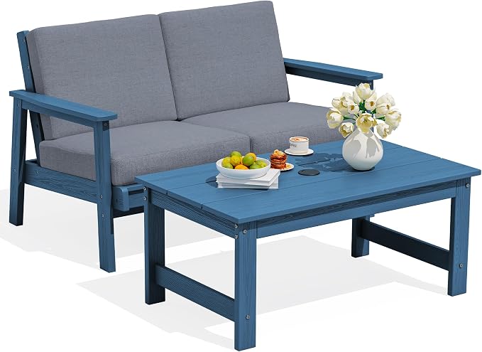 SERWALL Outdoor Loveseat, Blue Frame and Grey Cushion