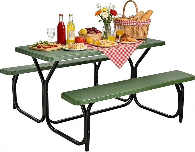 COSTWAY Outdoor Picnic Table, HDPE Plastic Picnic Table Bench Set with Weather Resistant Tabletop & Wood Texture, Ideal for Patio, Backyard (59" D x 54" W x 28.5" H,Green)