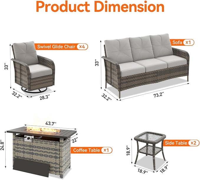 Aoxun Luxury 8-Piece Patio Furniture Set with 44'' Fire Pit Table, Wicker Rattan Sofa with Thick Cushion, Outdoor Conversation Set for Backyard, Poolside & Garden, Beige/Gray