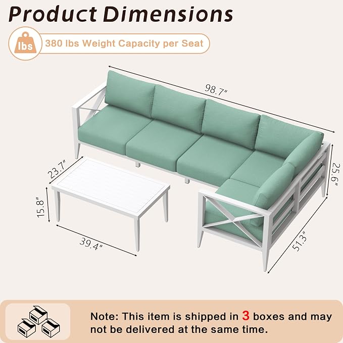 6-Piece Aluminum Outdoor Patio Furniture Set, Oversized Sectional Sofa with Corner Seat & Coffee Table, All-Weather Conversation Set for Backyard, Deck, Porch, or Balcony, White