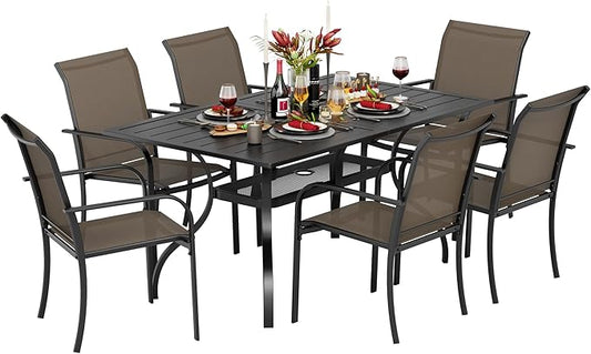 7-Piece Patio Dining Set,6 Person Outdoor Table and Chairs Set, 6 Metal Dining Chairs and Rectangular Outdoor Table with 1.57" Umbrella Hole,Khaki