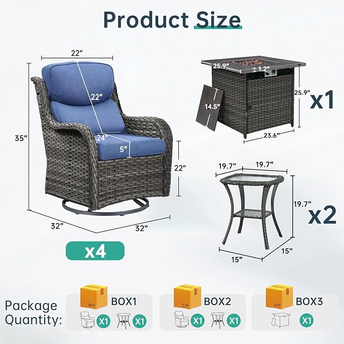 Outdoor Swivel Rocker Patio Chairs Set of 4 with Fire Table - 5" Thick Cushion 6 Piece Furniture Set with Fire Pit Table All Weather Wicker Conversation Set for Porch Deck - Gray/Blue