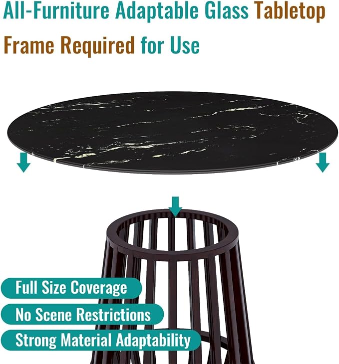 36 Inch Round Black Marble Glass Table Top, 8mm Thick Tempered Glass Tabletop for Dining Tables, Coffee Tables, Patio Tables