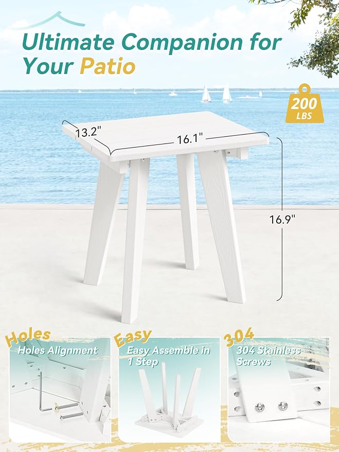 Outdoor Side Table, HDPE Weather Resistant Small Patio Table for Porch and Balcony, 200 LBS Capacity Heavy Duty Small Outdoor Table for Backyard and Pool, Easy Maintenance, White