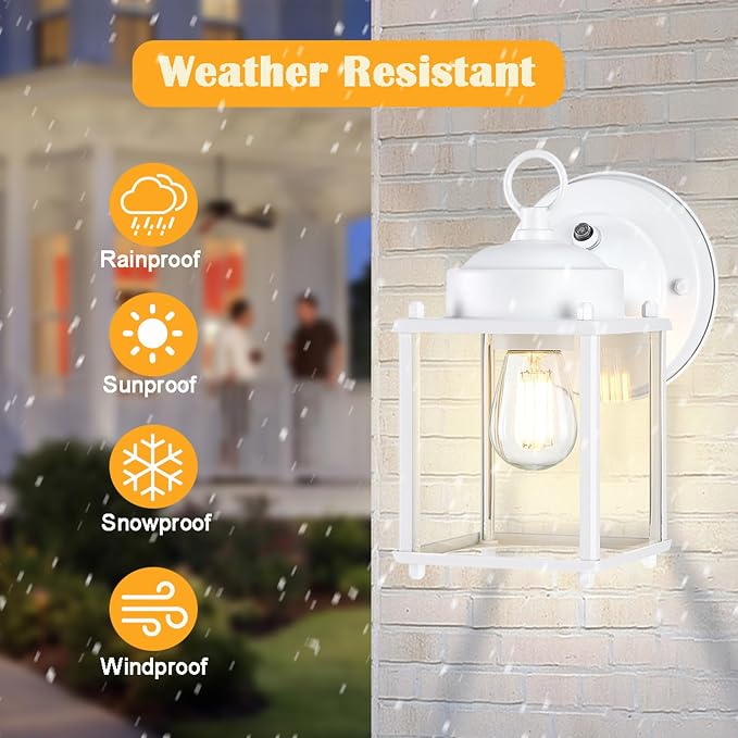 Outdoor Wall Light, Porch Lamp, Dusk to Dawn, White | Exterior Wall Sconce Fixture for House, Garage, Patio, Rustproof Waterproof, Metal Housing with Glass, E26 Base, 4 Pack