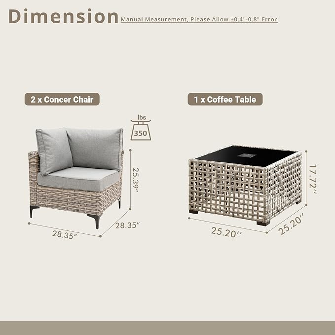 3 Pieces Patio Sectional Furniture Set, Outdoor Wicker Sectional Couch with Solar Lights Table, Modern Conversation Set for Porch Balcony Backyard, Dark Gray