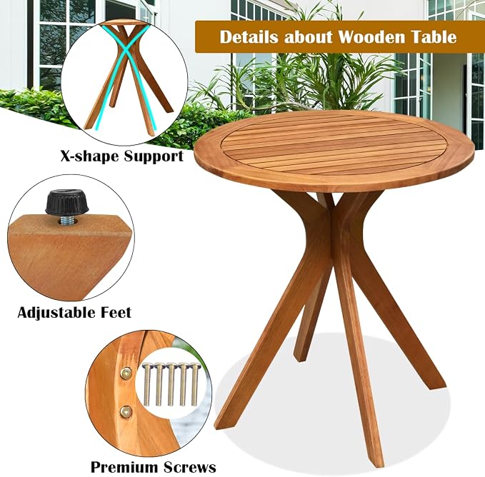 27.5” Outdoor Bistro Table, Eucalyptus Wooden Cafe Table, Round Bar Patio Table, Balcony Table, Side Dinning Table for Garden, Deck & Porch, Teak Finish